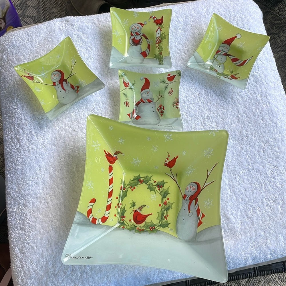Susan Winget Square 5 set Glass Bowl JOY Candy Cane Snowman Cardinal Candy Salad